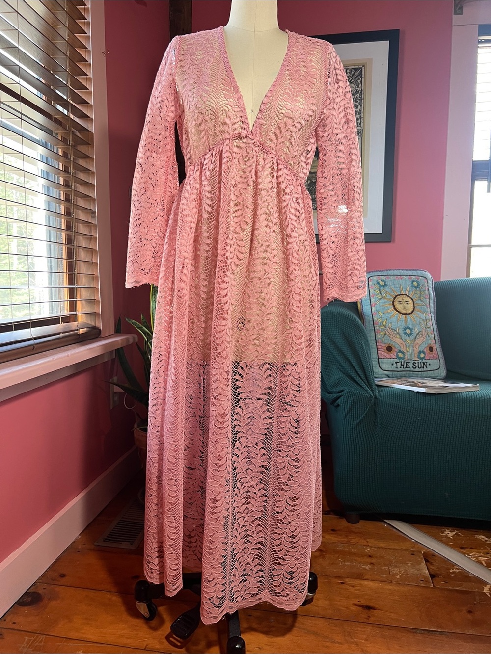 Pink Lace Maxi Dress - Deep V